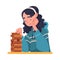 Young Woman in Self-isolation Playing Jenga Game Vector Illustration