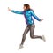 Young Woman In Shiny Pants And Vibrant Down Jacket Is Jumping. Side View