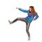 Young Woman In Shiny Pants And Vibrant Down Jacket Is Kicking An