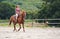 Young woman in shirt riding on brown horse, blurred trees background