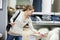 Young woman shopping for furniture in a furniture store