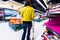 Young woman shopping in the supermarket,motion blur