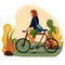 A young woman in shorts on a bicycle rides in the park. Vector illustration in a flat style.