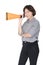 Young woman shouting for announce through a megaphone