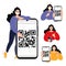 Young woman show QR code. Smartphone mockup in woman hand. Check QR code. Isolated vector flat illustration.