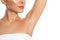 Young woman showing hairy armpit on background, closeup. Epilation procedure