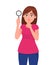 Young woman showing magnifying glass. Girl asking silence. Silence please! Keep quiet! Female character design illustration.