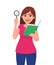 Young woman showing magnifying glass. Girl holding or reading a book, report, document in hand. Female character design.