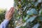 A young woman shows the symbol of prayer to God for the blessings of the Lord to find good things with faith in the sacredness and