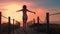 Young woman silhouette in a wooden foot bridge at the beach at sunset