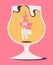 Young woman sinks in a glass of beer or wine. Sad depressed character suffering from heavy drinking and loosing identity and