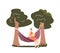 Young woman sit in hammock and read book outdoors in garden or forest. Female relax or study outside