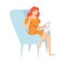 Young Woman Sitting in Armchair and Embroidering on Canvas, Hobby, Needlework Vector Illustration