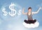 Young woman sitting on cloud next to cloud dollar signs