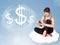 Young woman sitting on cloud next to cloud dollar signs