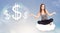 Young woman sitting on cloud next to cloud dollar signs