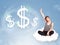 Young woman sitting on cloud next to cloud dollar signs