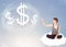 Young woman sitting on cloud next to cloud dollar signs