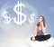 Young woman sitting on cloud next to cloud dollar signs