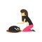 Young woman sitting on the floor and stroking her cat, cute pet with its owner vector Illustration on a white background