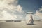 Young woman sitting in a jar in the desert. Loneliness outlier concept