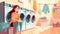 Young woman sitting near washing machine in the self-service laundry cartoon illustration. Generative AI