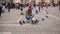 A young woman is sitting in the square in public. Feeding the pigeons.