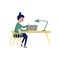 Young woman sitting at table and drawing on graphic tablet. Freelancer at workplace. Professional graphic designer. Flat