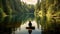 Young woman sitting on a wood and meditating in the lake