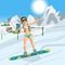 Young woman skiing on a snowboard in a swimsuit at the end of a