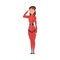 Young Woman Soldier or Officer in Red Uniform Saluting, Professional Military Female Character Vector Illustration