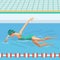 Young woman in sports swimsuit swims in the pool front crawl