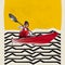 Young woman, sportsman in canoe, kayak with a life vest and a paddle over colorful background with drawings. Concept of