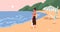 Young woman standing on beach and enjoying marine view and summer sunset at sea. Happy female character looking at ocean