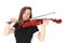 A young woman standing in close up playing the violin