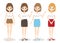 Young woman standing in different poses, color of hair and dress. Flat cartoon girl with body parts, head, face, legs, arms,