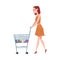 Young Woman Standing with Shopping Cart, Girl Shopping Groceries at Mall or Supermarket Cartoon Style Vector