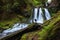 Young woman standing by a waterfall in Douglas County in the U.S. state of Oregon.[. The long exposure shots two degrees of water