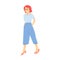 Young woman stands with both hands in the pocket with a stylish glasses and beautiful short red hair. Flat vector design character