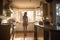 Young woman stands thoughtfully in nostalgic kitchen. Generative AI