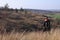 A young woman stays on a hill above the wild river and photographs the landscape. Solo travelling.