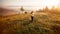 Young woman in straw hat walk in morning on top of hill with mountains background. Harmony with nature