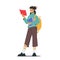 Young Woman Student with Backpack on Shoulder Hold Books Pile Prepare to Exam or Make Homework. Girl Character Reading