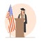 Young woman student in a robe gives a speech on the podium. School graduate. Vector