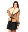 Young woman in stylish in beige sheepskin coat