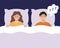 Young woman suffering of her partner\\\'s snore at night. Snoring man in bed. Couple or family troubles.