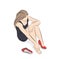 Young woman suffering from legs pain because of uncomfortable shoes, high heels. vector illustration