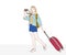 Young woman with suitcase walking to vacation travel, Travel concept. Hand drawn