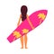 Young woman surfer in cartoon style standing backside with pink surfboard.