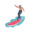 Young Woman Surfer Character in Swim Wear Trying to Keep Balance and Catch Big Sea Wave on Surf Board. Surfing